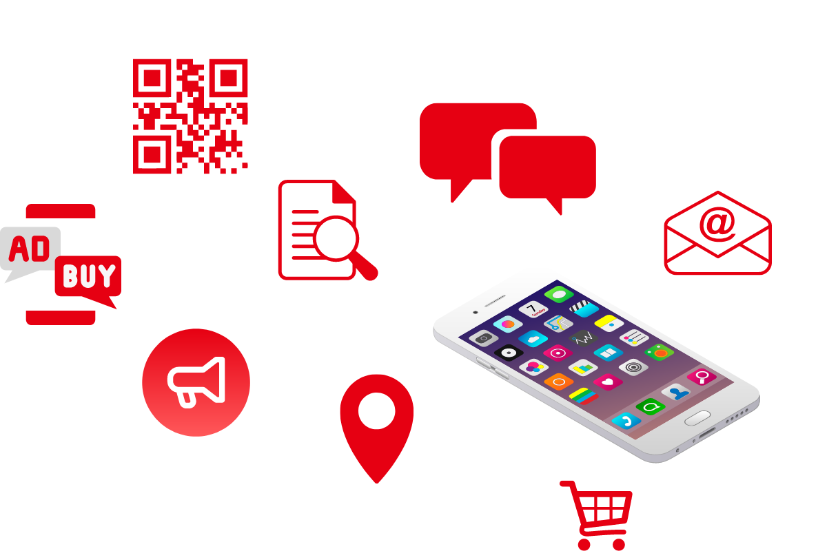 Illustrazione grafica del mobile marketing e delle sue principali strategie attraverso le icone (sms marketing, qr code...)
