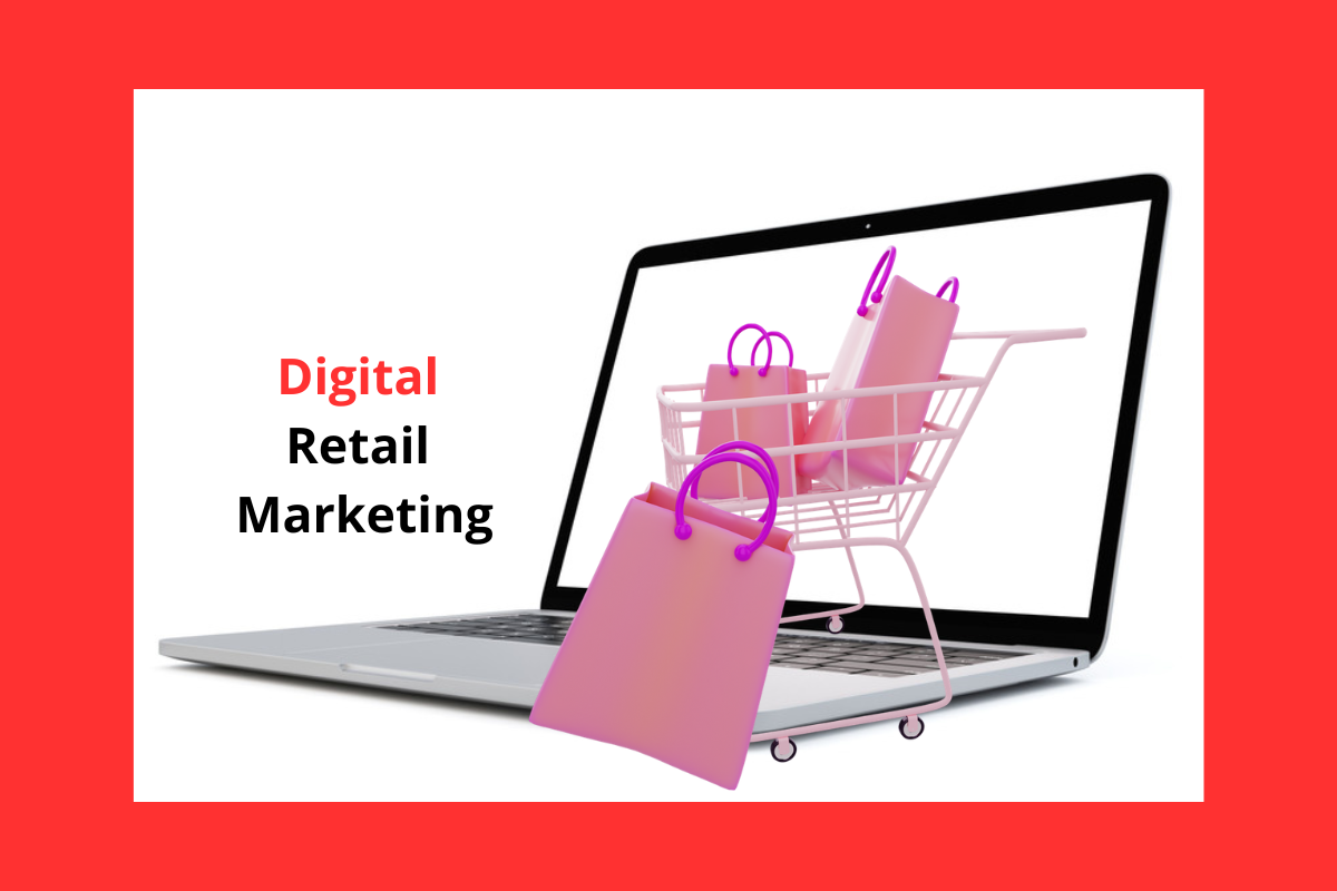 illustrazione digital retail marketing con shop, carrello, buste di acquisto che escono dal computer