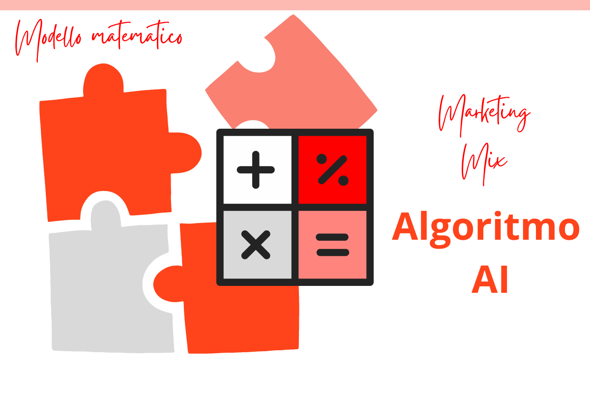 Modello matematico del marketing mix basato su algoritmo e intelligenza artificiale. Illustrazione. 