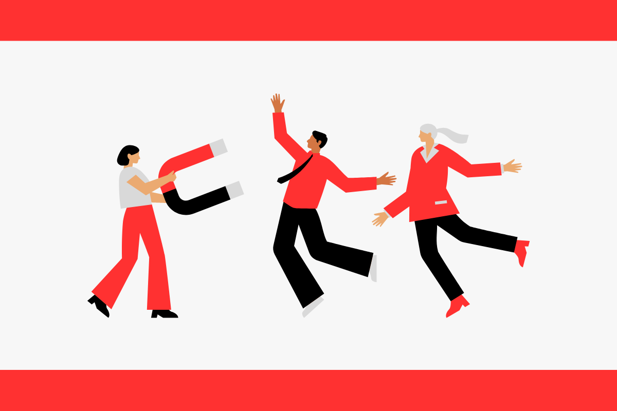 illustrazione in png della customer retention (persone che vengono calamitate in punto tramite magnete che tiene in mano un'altra figura)